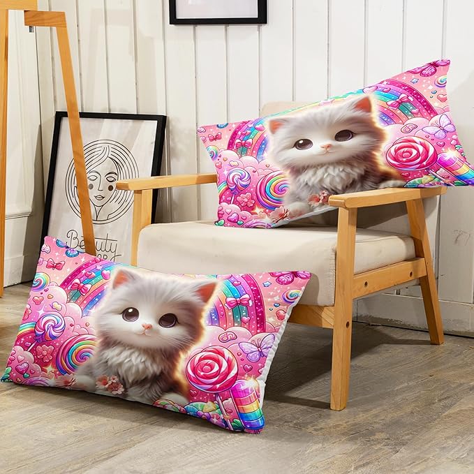 AILONEN Cute Cat Kitten Kids Comforter Set Twin Size,Rainbow Bedding Set,Fairy Butterfly Cartoon Pink Comforter with 2 Pillowcases,Teen Girls Kawaii Comforter Set 3 Pieces
