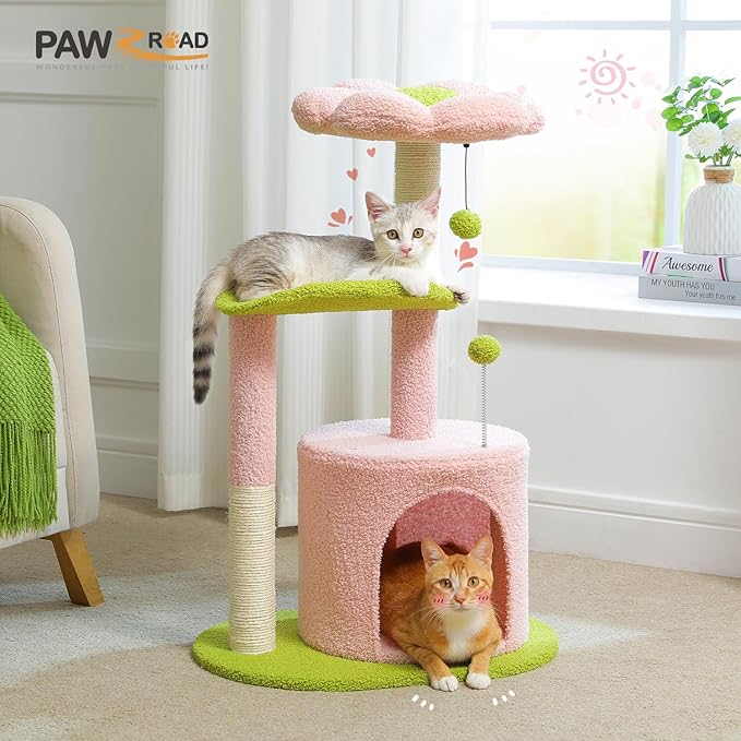PAWZ Road Flower Cat Tree Pink 32” Small Cat Tower Cat Scratching Post with Curved Perch, Cozy Cat Condo Removable Flower Bed for Kittens and Small Cats-Pink