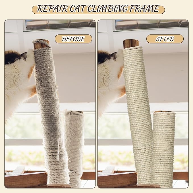 2 Sisal Rope for Cat Scratcher 1/4" x 400' in Total Cat Tree Rope Cat Scratching Post Rope Replacement Parts DIY Hemp Twine for Kitten Shelves Boards Furniture Indoor Cats Tower Carpet, White