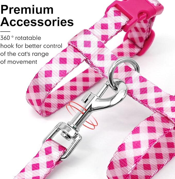 azuza Cat Harness and Leash Set for Safe Walking and Travel, Escape Proof Cat Harness, Lightweight Soft and Comfortable, Adjustable Kitten Harness for Small Medium Large Cats, Pink Plaid