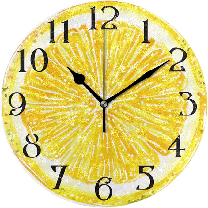 ALAZA Lemon Wall Clock for Kitchen - 9.5 in Yellow Non-Ticking Round Battery Operated Decorative Clock