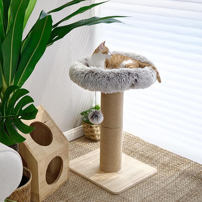 FUKUMARU Cat Scratching Post, 28 Inch Tall Scratcher with Cat Perch for Indoor Adult Cats, 5.5 Inch Width Small Cat Tree with Bed, Cat Tower Furniture for Kittens and Large Cats