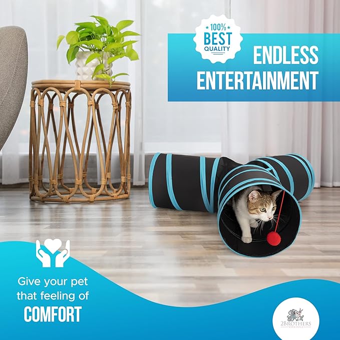 3-Way Cat Tunnels for Indoor Cats - Rabbit Tunnels and Hideouts - Durable and Collapsible Cat Tubes and Tunnels for Active Play (Blue)