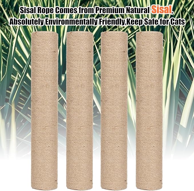 PowerKing 4-Pack 15.7" Cat Scratching Post Replacement - Natural Sisal Rope Scratcher Poles with M8 Screws for Indoor Cat Tower Renewal Parts, Cat Furniture Refill Parts (Nature)