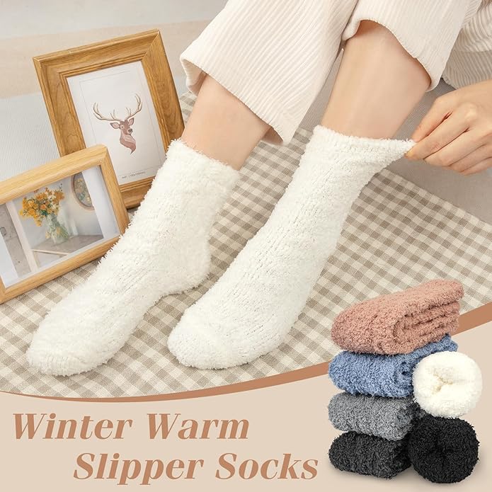 6 Pairs Womens Fuzzy Socks Winter Warm Soft Cozy Fluffy Microfiber House Sleeping Slipper Socks Christmas Gifts