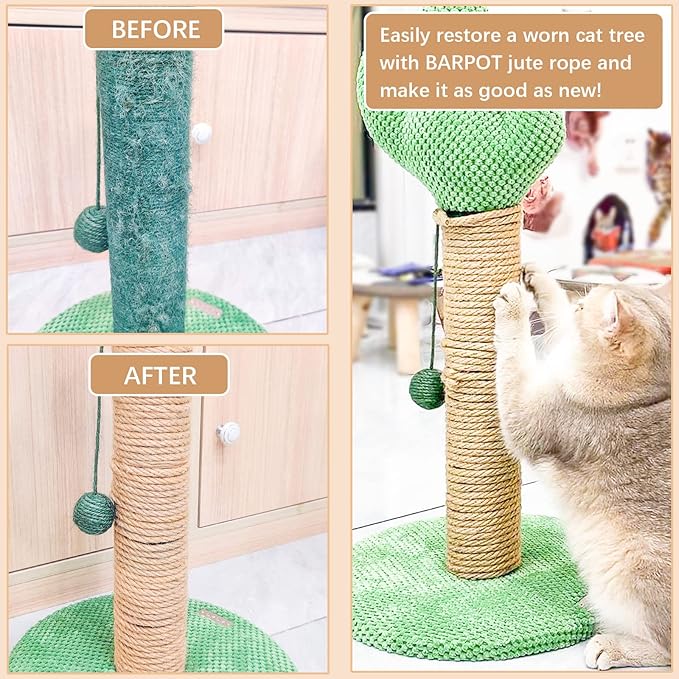 Cat Scratcher Replacement Rope - KDAOQN 1/4 inch Natural Hemp Rope, Rope for Cat Scratching Post, Cat Tower Repair Rope Cat Tree Rope Replacement, Odorless Jute Twine Rope (66FT)