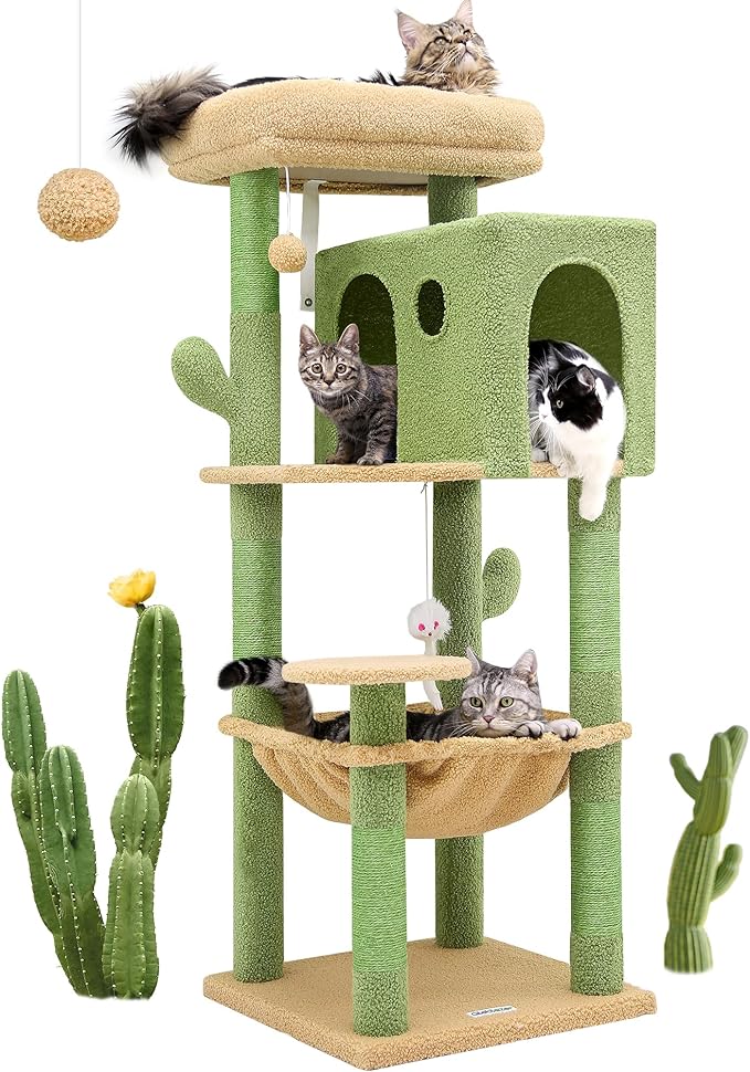 F49C Cactus Cat Tower for Indoor Cats, Cactus Series 49inch Cat Climbing Tower Cat Tree with Hammock, Scratching Post, Large Cat Condo House, Cactus Green