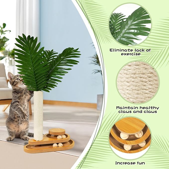 TONY HOBY Cat Scratching Post, Sisal Scratching Pole with Leaves, Interactive Cat Toy for Small Medium Cats (23.6 in, White)