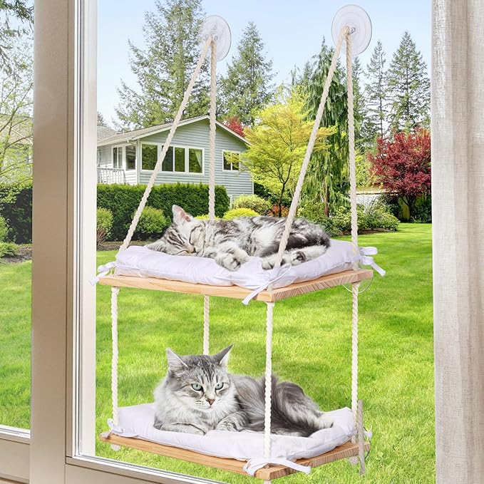 Cat Window Perch - Cat Window Hammock with Cushion Bed - Solid Wood Seat & Strong Suction Cups - Cat Window Bed & Furniture for Indoor - Hanging Window Shelf for Cats and Kittens(2-Layer)