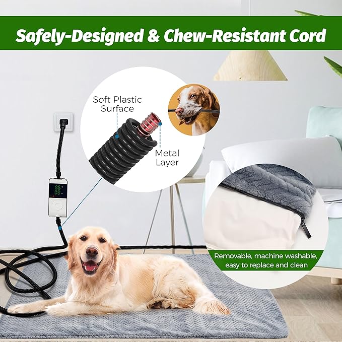 PatiencET Heated Dog Bed, 24'' x 35'' Temperature Adjustable Cat Dog Heating Pad with Timer Indoor, Pet Heating Pad for Cats Dogs, Cat Dog Warming Pad Bed with Metals Chew Resistant Cord
