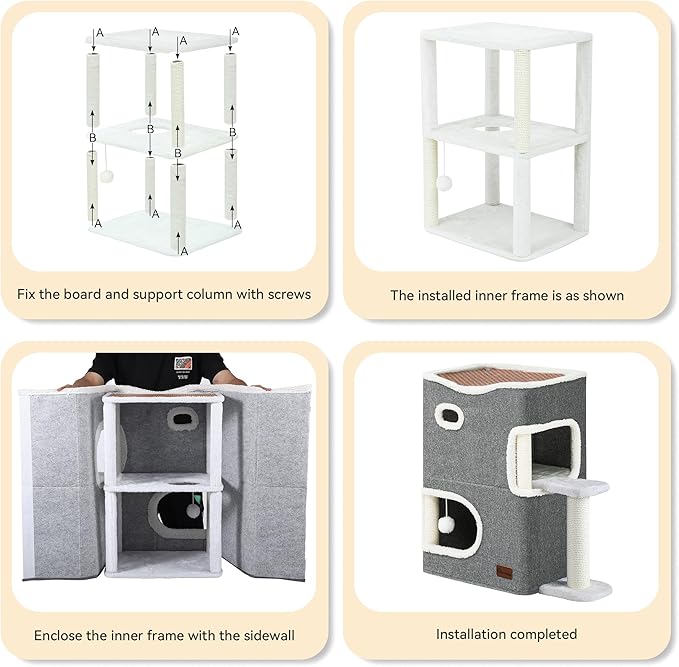 YITAHOME 2-Tier Cat House, Indoor Cat Cave Bed Playhouse, Flannel & Cool Mat, Covered Cat Beds with Scratch Pad and Hideaway Cave, Cute Modern Cat Condo Furniture for Multi Small Cats, Grey