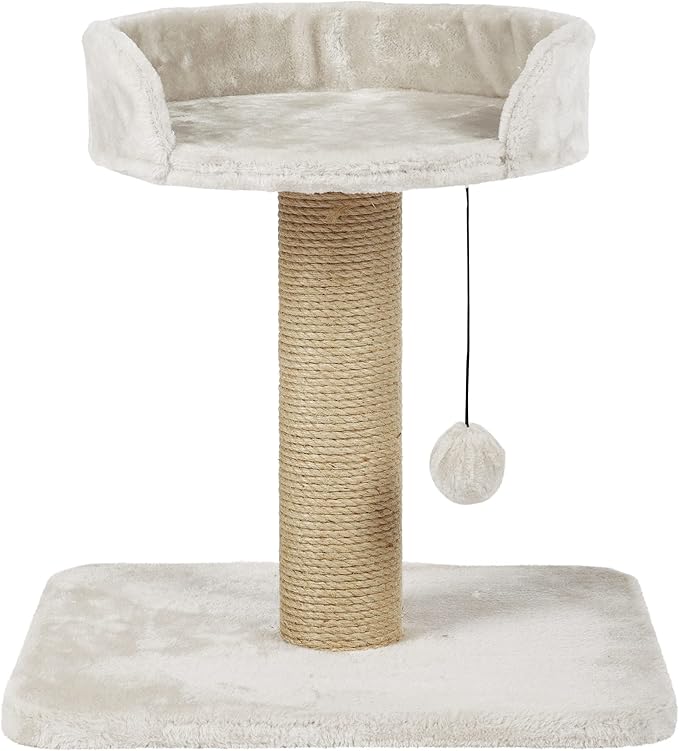 TRIXIE Mica Cat Scratching Post 18.1 Inch - Cat Scratcher with Soft Fabric Covering Base and Durable Sisal Rope - with Padded Platform & Dangling Cat Toy - in Greige