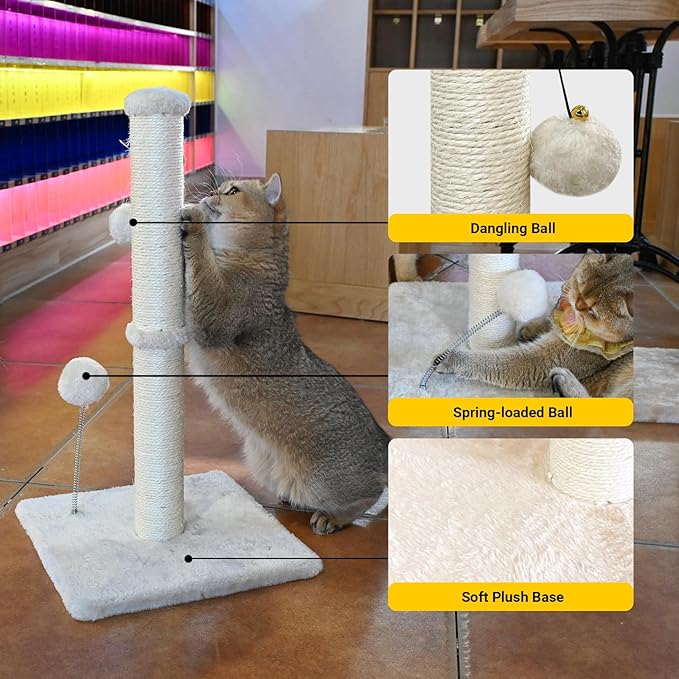 KINGROCK Tall Cat Scratching Posts for Indoor Cats,Cat Scratching Post with Plush Toys for Kittens or Smaller Cats,Premium Sisal Post for Cats at All Ages with Reinforced Stable Base