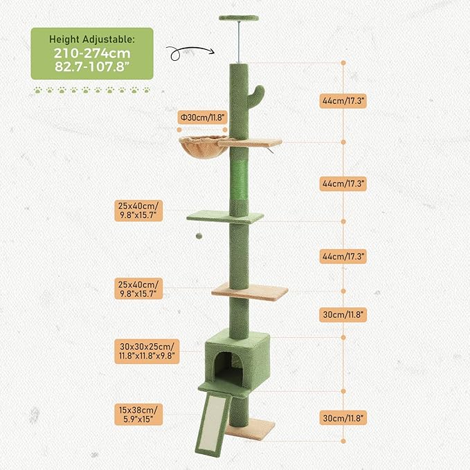 PETEPELA Floor to Ceiling Cat Tree, Cat Tower 5 Tiers Tall (83-108 Inches) Adjustable Height, Cat Climbing Tree Featuring with Cat Condo, Cat Scratching Post and Cat Perches for Indoor Cats, Green