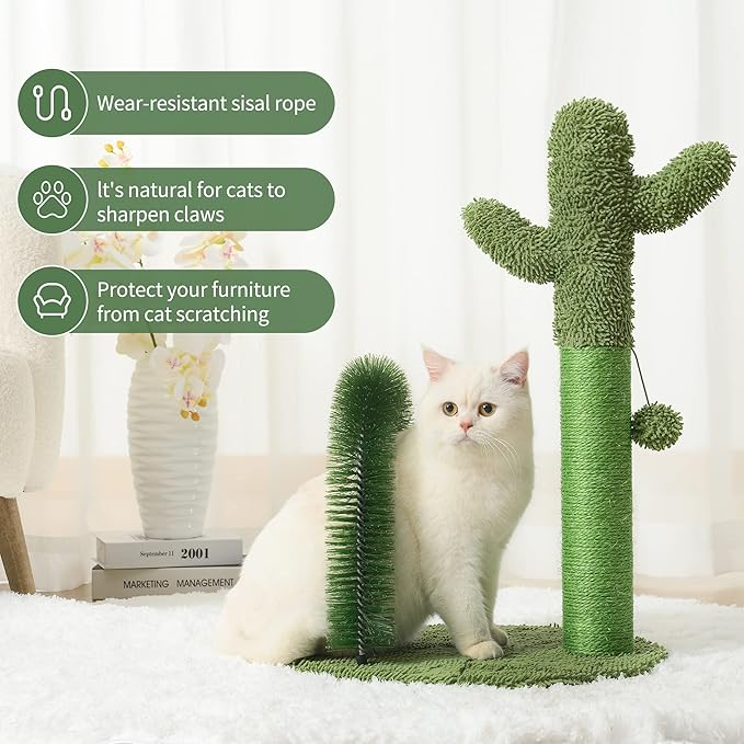 Mile High Life | Cat Scratching Post 25" with Dangling Bell | Cat Condo with Hammock and Cactus Scratching Posts Tree for Kittens | Tall Cat Climbing Stand with Premium Natural Sisal Material