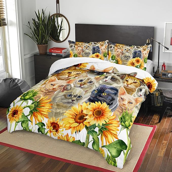 AILONEN Watercolor Cat Print Bedding Set Full Size with Sunflowers Comforter Set for Kids Boys Girls,Group of Cute Cats Soft Breathable White Tint Duvet Set 3 Pieces, 1 Quilt and 2 Pillowcases