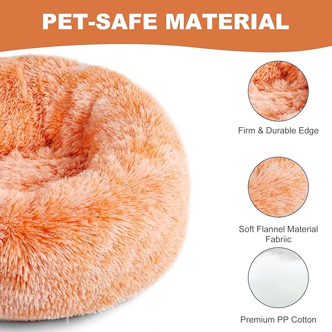 Aurako Cat Bed Dog Bed Round Cushion Pet Bed Mat Ultra Soft Plush Donut Sofa Comfortable Pillow Machine Washable Pet Cuddle Beds for Kitten Small Medium Large Dogs Cats 16" Orange and White