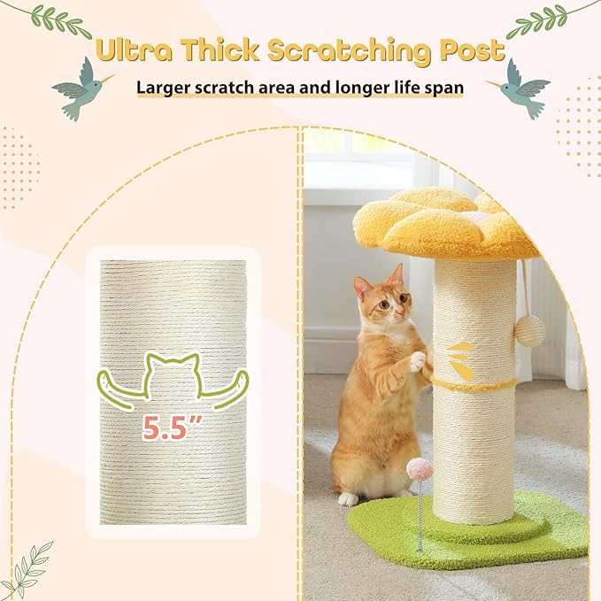 PEQULTI Flower Cat Scratching Post, Small Cat Tree, Tall Cat Scratcher for Indoor Cats with Super Thick Scratching Post [Dia=5.5''], Removable Flower Cat Bed, Cat Scratch Post with Spring Ball, Yellow