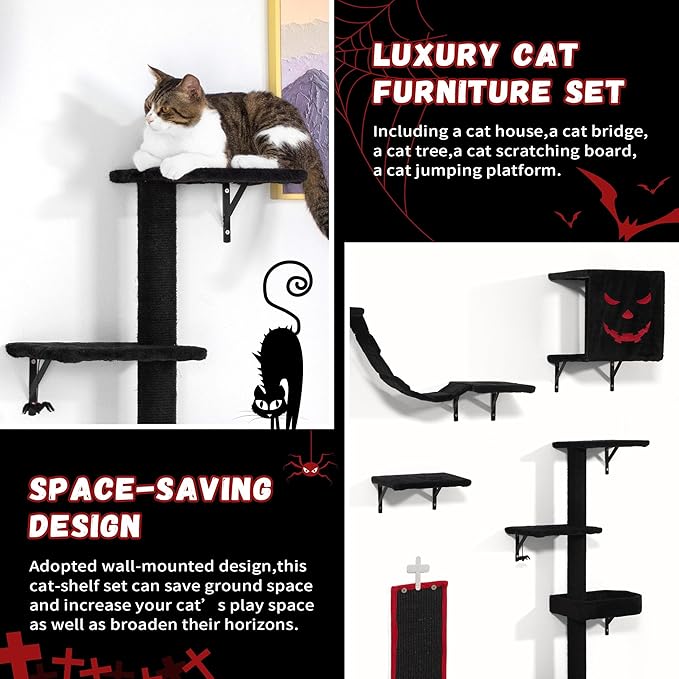 COZIWOW Cat Wall Shelves, Wall-Mounted Cat Climber Set of 5, Floating Cat Perches, Hanging Cat Beds, Modern Cat Furniture for Large Cats or Kitty (Gothic)