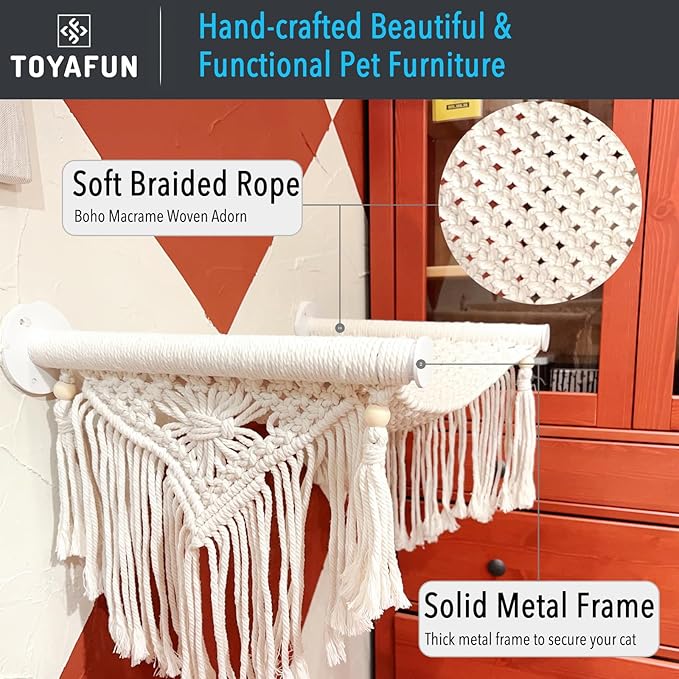Cat Wall Shelves and Perches for Indoor Cats, Comfy Macrame Cat Wall Hammock, Sturdy Wall Mounted Cat Beds, Solid Metal Frame Cat Wall Furniture for Sleeping, Playing, Climbing, and Lounging
