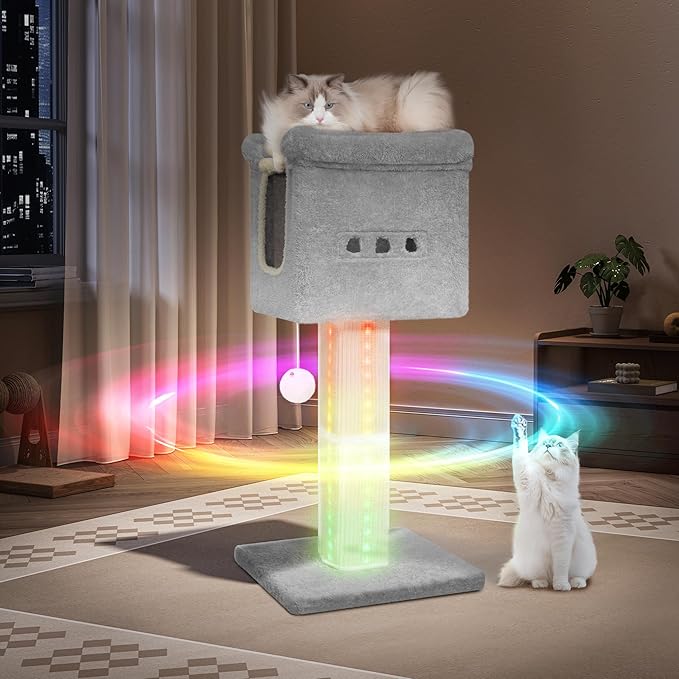 39-Inch Cat Scratching Post Tower with Bed, Cat Tower with LED Light Strip, Cat Scratcher Post with Woven Sisal, Condo, Pompom, Light Gray MS99018LG