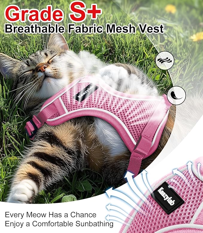 Cat Harness and Leash for Walking Escape Proof Soft Adjustable Cat Leash Breathable Comfortable Vest Easy to Wear Kitten Harness for Outdoor Travel Pink S