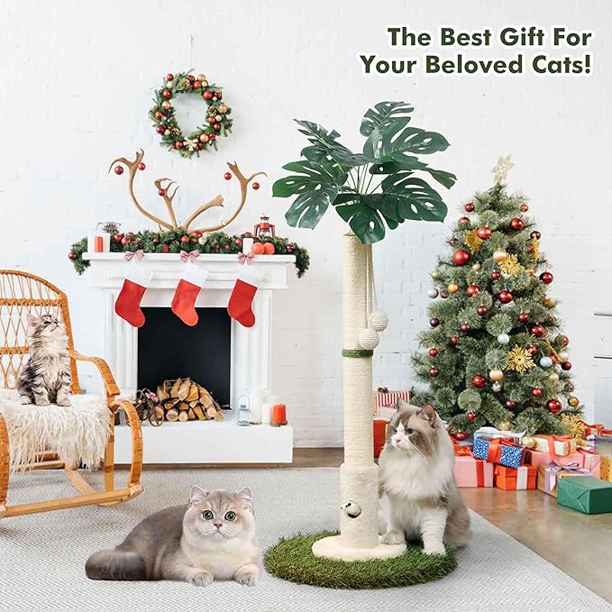 Cat Scratching Posts Cat Trees 35.43" Tall with Sisal Rope Cat Toy and Hanging Ball for Indoor,Wooden Palm Tree Cat Scratch Pole for All Cat（White