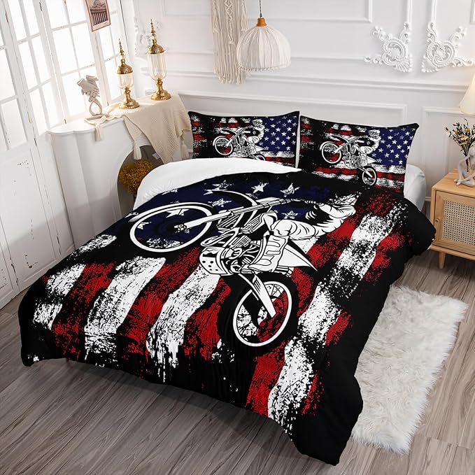 Axolotl Dirt Bike Comforter Set Queen,American Flag Bedding Set,Motocross Comforter Set,White Red Stripes Stars Comforter Set,Motorcycle Racer Comforter for Boys Kids Teens Men,1 Quilt 2 Pillowcases