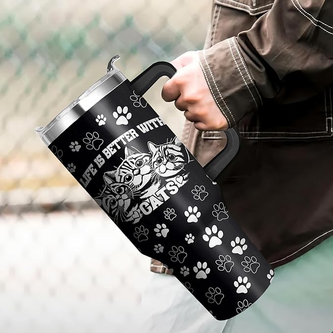 40 Oz Black Cat Tumbler With Handle and Straw, Double Wall Stainless Steel Insulated Mug for Cat Lovers, Mom or Dad - Cups Gifts for Women