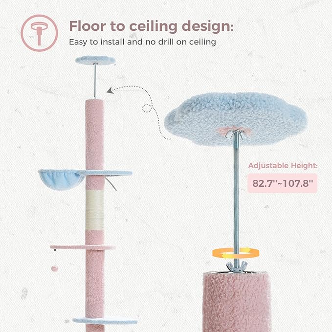 PETEPELA Floor to Ceiling Cat Tree, Cat Tower 5 Tiers Tall (83-108 Inches) Adjustable Height, Cat Climbing Tree Featuring with Cat Condo, Cat Scratching Post and Cat Perches for Indoor Cats, Blue