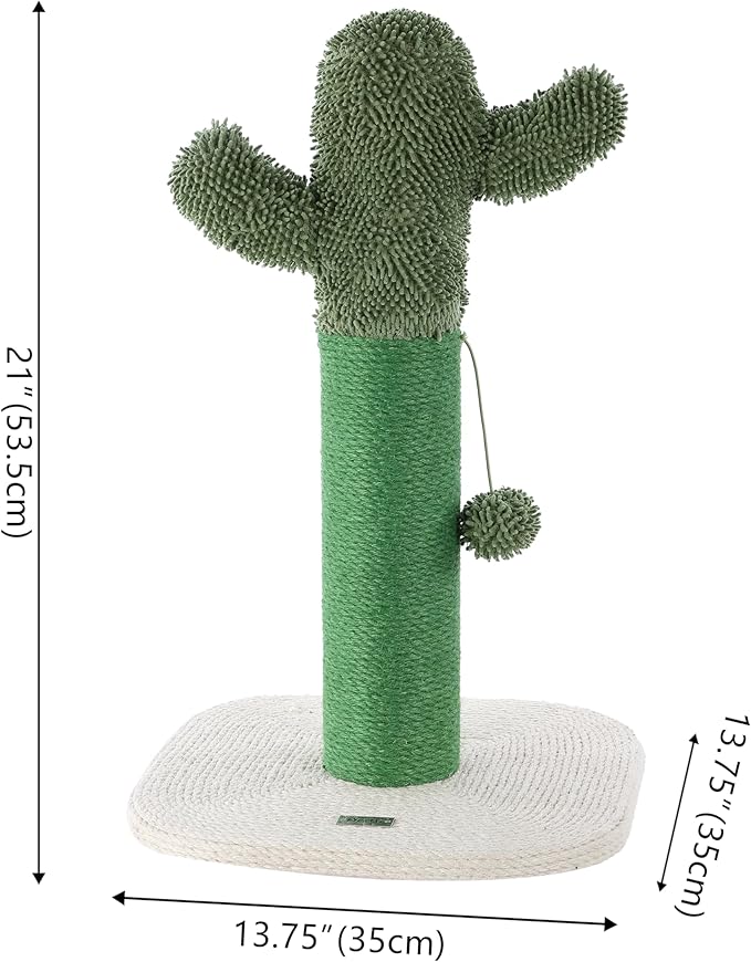CTR1000A Pecos 21" Modern Jute Cactus Cat Scratching Post with Fuzzy Toy, Green/White
