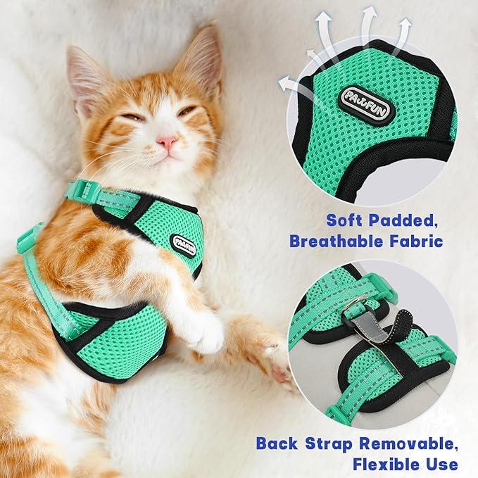 Cat Harness for Walking, Escape Proof Cat Harness and Leash Set with Reflective Strip, Adjustable Cat Leash Breathable Soft Vest for Small to Large Cats, Green, S
