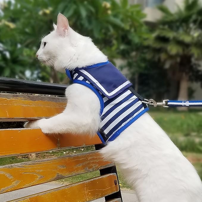 Cat Harness and Leash for Walking Escape Proof, Adjustable Cat Vest Harness, Padded Stylish Cat Walking Jackets, Sailor Suit Navy, Small