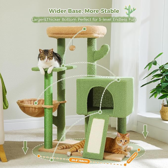 PAWZ Road 41 Inches Cactus Cat Tower with Sisal Covered Scratching Post and Cozy Condo for Indoor Cats, Cat Climbing Stand with Plush Perch &Soft Hammock for Multi-Level Cat Play House