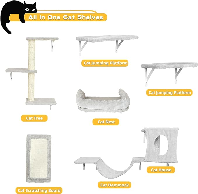 Wall Mounted Cat Furniture, 6pc Cat Wall Furniture, Cat Climber with Cat House, Bridge, Tree, Steps, and Scratcher, DIY Cat Walls Playground, Cat Shelves for Indoor Wall Furniture Set - Grey