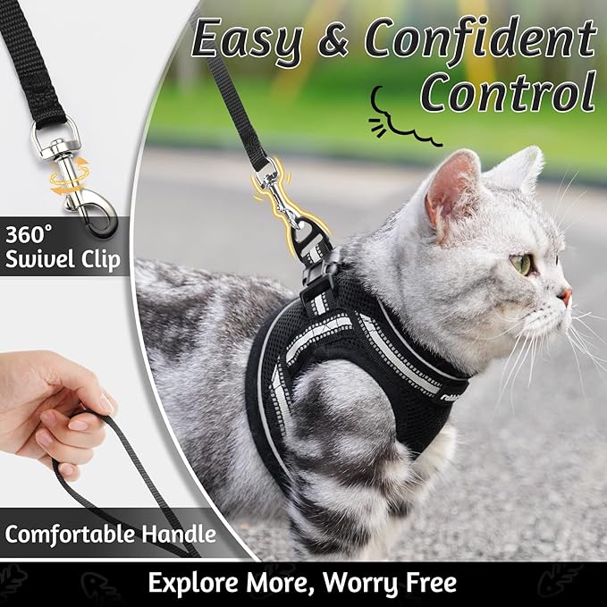 rabbitgoo Cat Harness and Leash Set for Walking Escape Proof, Adjustable Soft Kittens Vest with Reflective Strip for Cats, Comfortable Outdoor Vest, Black, L