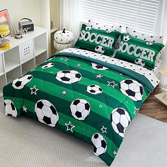 7 Piece Boys Soccer Comforter Set Queen Size Bed in A Bag 3D Football Playground Sports Bedding Set for Kids Microfiber Comforter All Season Green