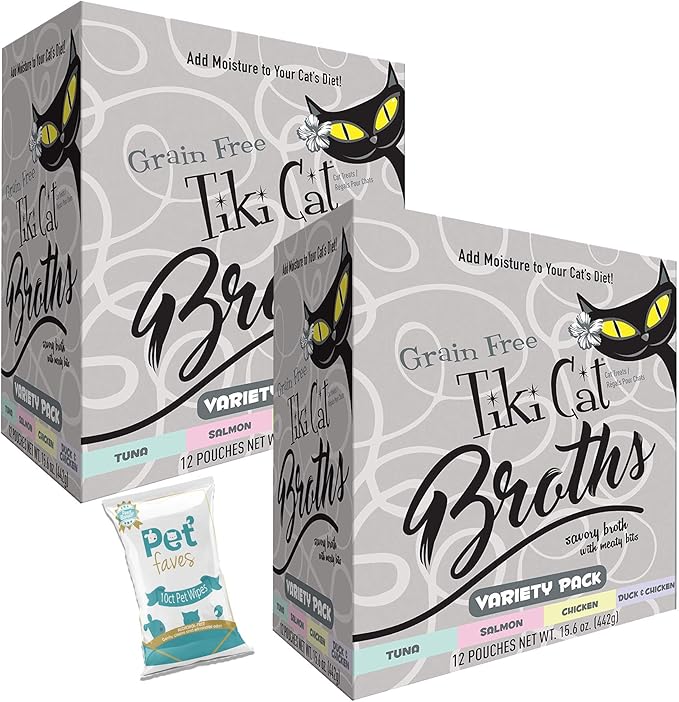 (2 Boxes) Tiki Cat Savory Broth, Grain Free Lickable Wet Food Treat, Add Moisture & Boost Flavor, 24 Pouches with 10ct pet Wipes