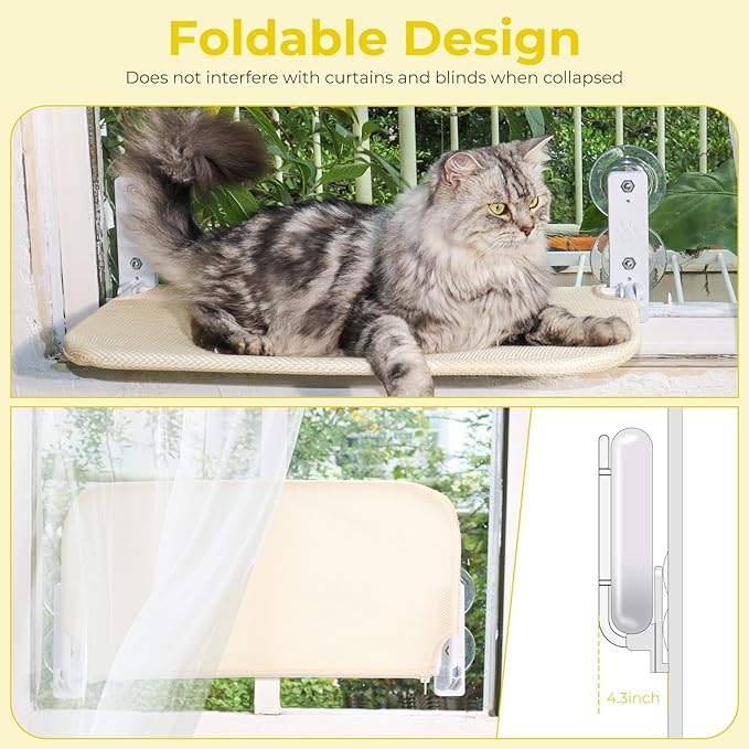 CycleMore Cordless Cat Window Perch, Foldable Cat Hammock Bed with Durable Metal Frame and 4 Strong Suction Cups Cat, Cat Bed Seat Cat Window Shelf for Cats Indoor