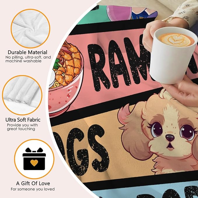 Anime Blanket for Girls - Kawaii Decor for Women, Ramen Dogs Boba Flannel Blanket - Luxurious Warm and Cozy, S 40X50 Inch for Kids/Child