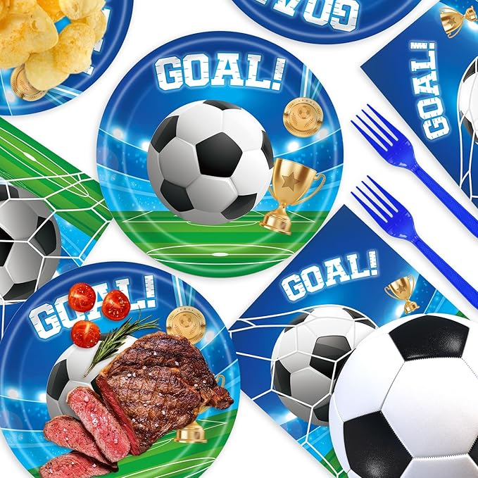 48Pcs Soccer Birthday Party Decorations Sports Theme Tableware Set Football Disposable Plates Napkins Forks Serves 16 Men’s Boy’s Soccer Birthday Party Decorations
