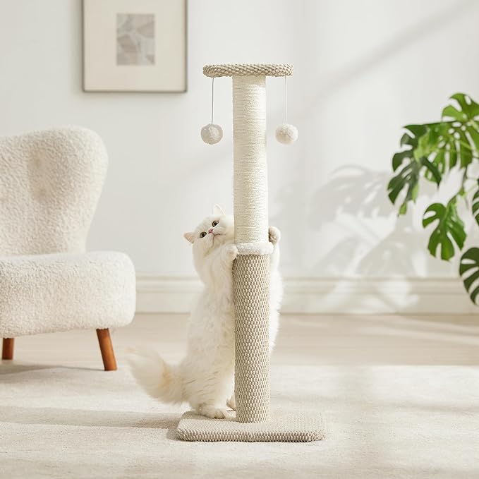 Lesure 34" Tall Cat Scratching Post - Premium Sisal Rope Highly Resistant Carpet Scratching Posts for Indoor Cats Adults, Sturdy Large Cat Scratch Pole with Hanging Ball, Beige(34 inch)