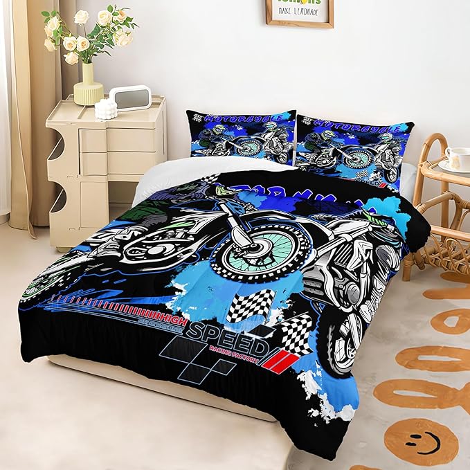 AILONEN Extreme Sport Dirt Bike Bedding Set for Kids Boys Men, Full Size Blue Black Motocross Comforter with 2 Pillowcases,3 Pieces