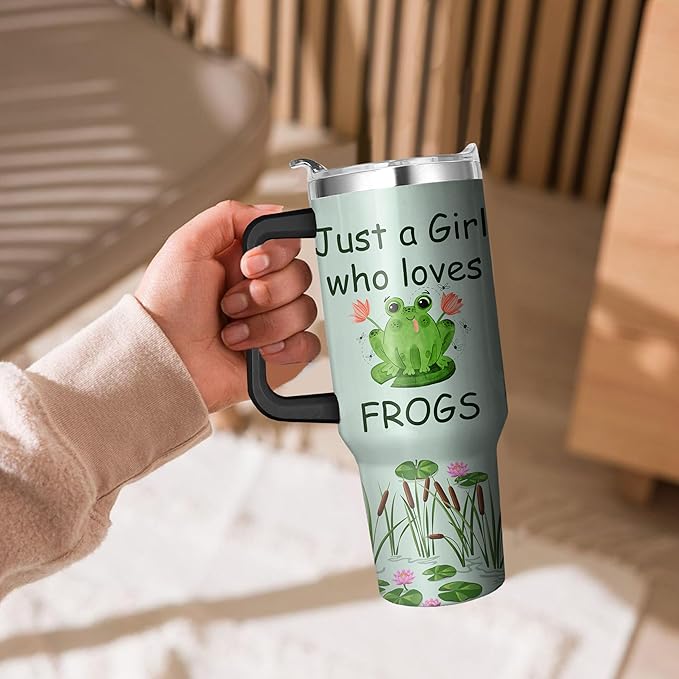 40 Oz Frog Tumbler with Handle and Straw, Double Wall Stainless Steel Insulated Coffee Mug, Leak Proof Cup, Gifts for Women and Frog Lovers