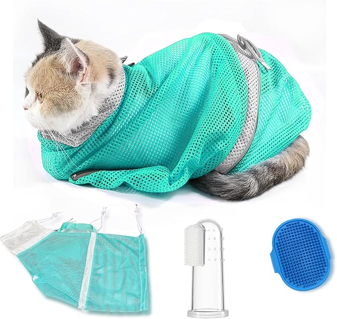 Adjustable Multifunctional Anti-Bite Shower net Bag，Cat Grooming Mesh Bag, Cat Bathing Bag，Cat Bath Brush and Pet Finger Toothbrush (B-Green)