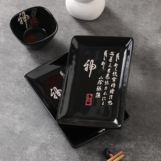 8 pcs Japanese Sushi Plate Sets Serving Platters and Trays for Entertaining Sushi Dishes Set Plates Sushi Plates Traditional Cuisine Dinnerware Sets with Chopsticks Black Shen