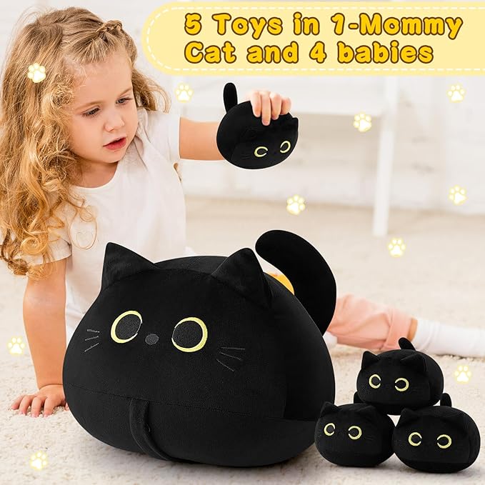 Auspicious beginning 19'' Black Cat Plush 5PCS Cat Family PlushToys,Cute Black Cat Mommy Cat with 4 Baby Kittens Cat Plushies for Kids, Kawaii Birthday Gifts for Kids Boys Girls