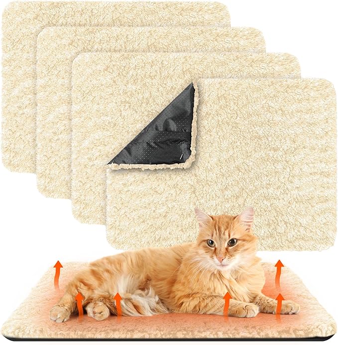 4 Pack Self Warming Cat Pads Self Heating Cat Mat Thermal Pads for Small Dogs Washable Pet Kennel Pad Crate Bed Mat with Removable Covers for Indoor Outdoor Pet (Beige,16 x 20 Inch)