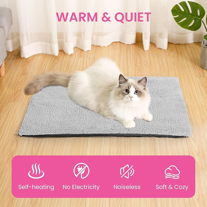 Self Warming Cat Bed, Heated Cat Bed, Noiseless Cat Heating Bed Pad, Self Heating Cat Dog Mat, Extra Warm Thermal Pet Pad for Indoor Outdoor Pets with Removable Cover Non-Slip Bottom Washable (Medium)