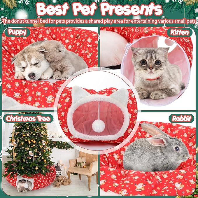 2.62ft x 2.62ft x 10.24in Christmas Cat Tunnel Bed Under Christmas Tree for Indoor Cat, Xmas Red Cute Cat Donut Tunnel with Washable Circle Cushion, Foldable Round Pet Tunnel Toy for Kitten